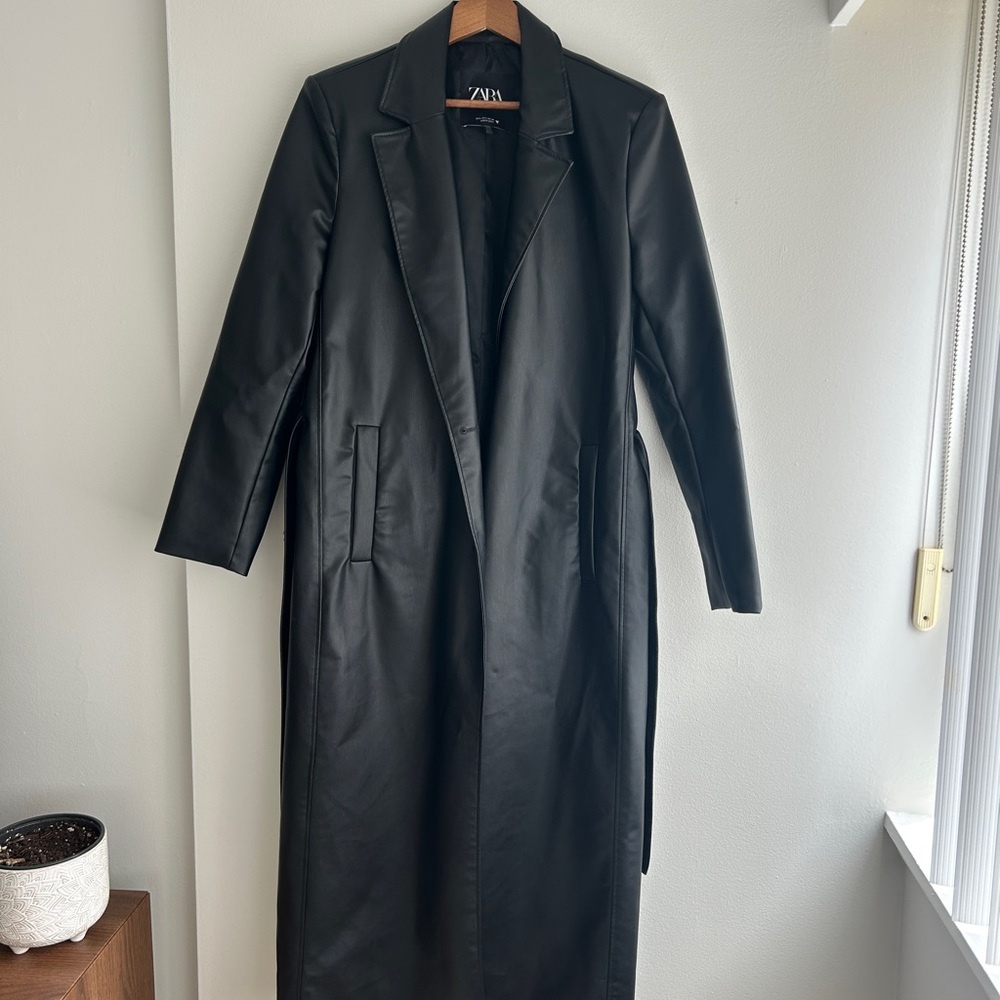 ZARA Black Faux-Leather Long Trench Coat